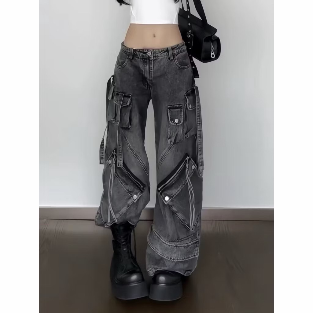 【Eternity】龐克美式街頭重工多口袋工裝牛仔褲 亞比龐克流蘇緞帶吊帶不規則設計感寬褲 彎刀褲