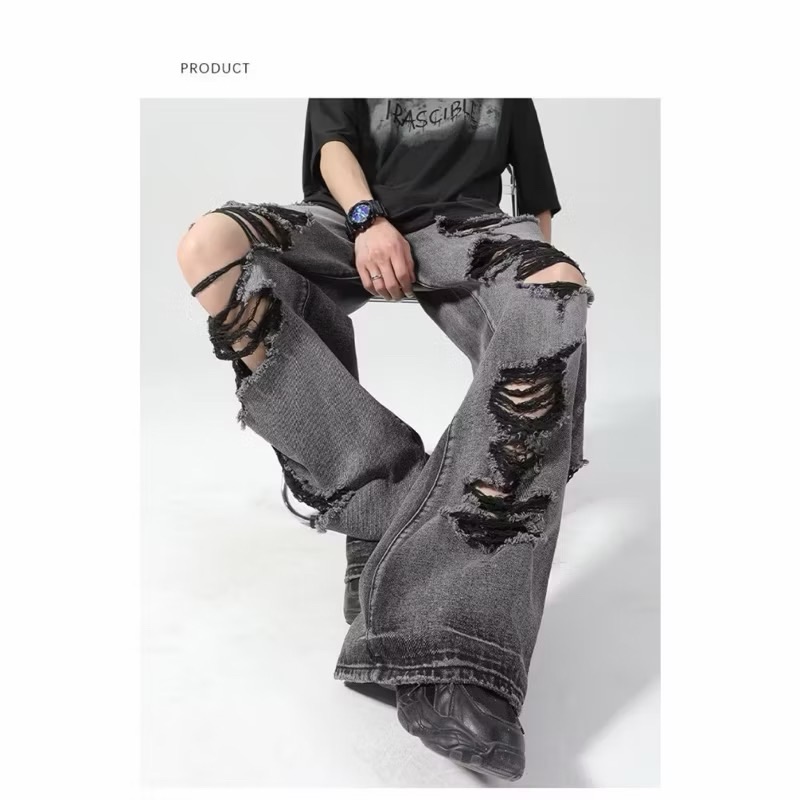 【Eternity】美式復古破洞牛仔褲 寬鬆漸層漸變刷破牛仔褲 水洗灰色牛仔褲 刮爛直筒牛仔褲