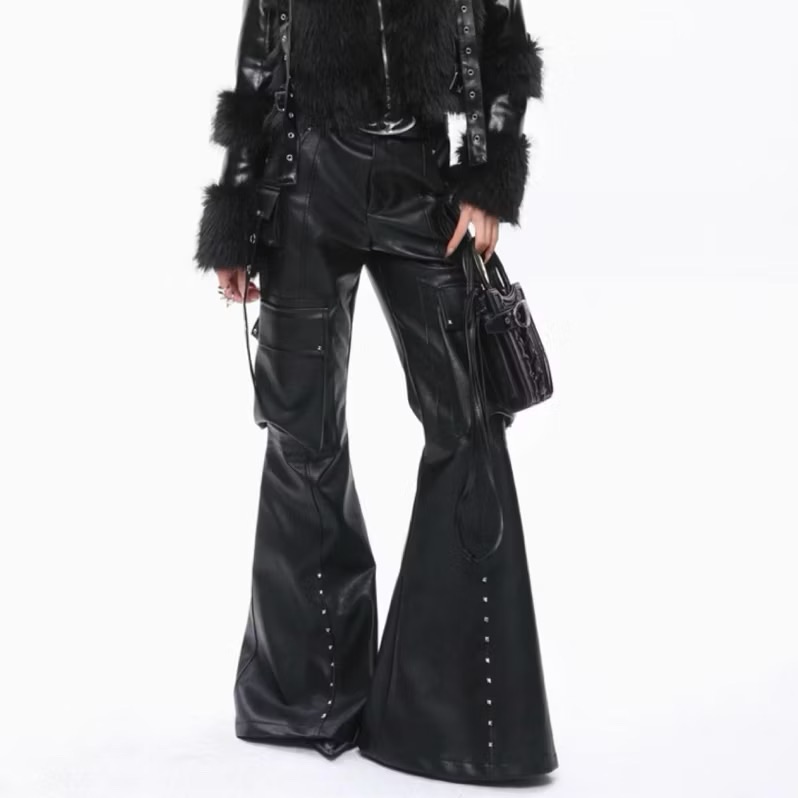 【Eternity】龐克金屬美式 小眾pu皮褲 設計感高腰顯瘦微喇叭拖地褲 多口袋工裝褲