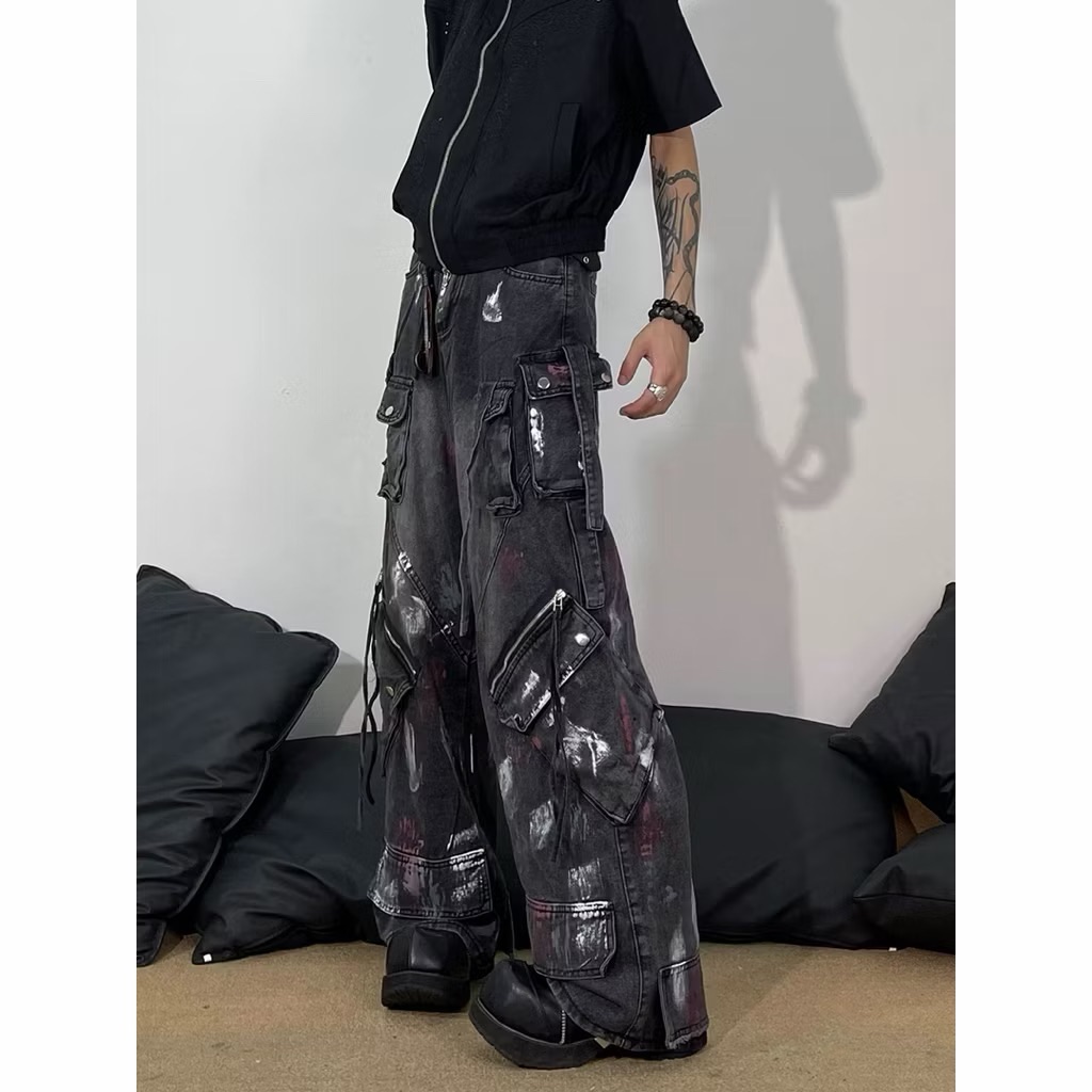 【Eternity】美式復古塗鴉 多口袋 寬腿潑墨牛仔褲 設計感潮牌飄帶 綁帶吊帶街頭長褲寬褲