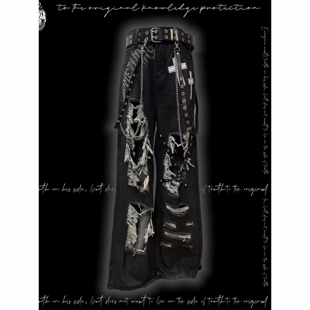 【Eternity】亞文化朋克黑色破洞牛仔褲Y2K嘻哈美式街頭刷破設計感拼接高腰直筒闊腿長褲