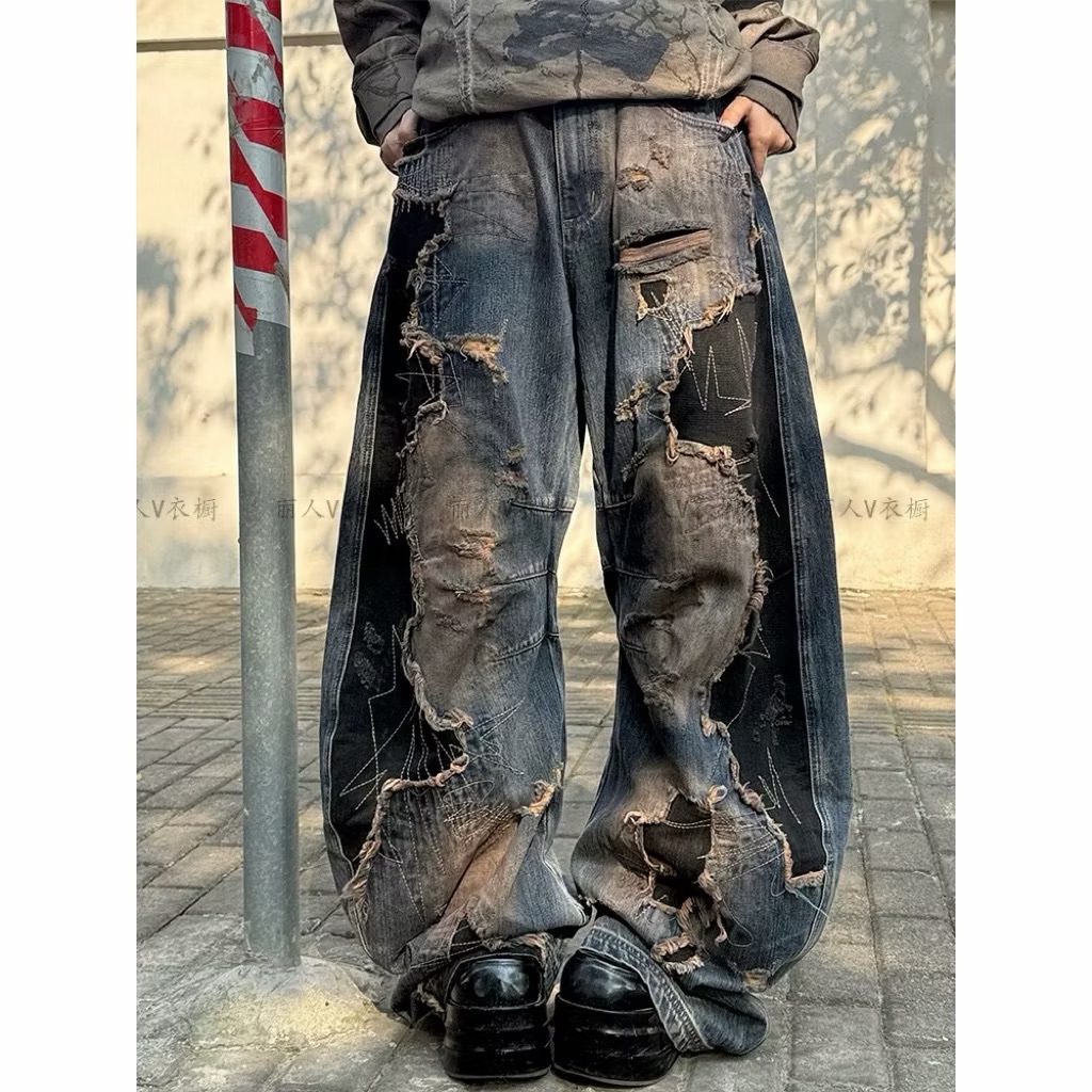 【Eternity】龐克刷破美式復古針褶皺設計感 刺繡牛仔褲街頭不規則寬鬆顯瘦墜感長褲 寬褲 彎刀褲