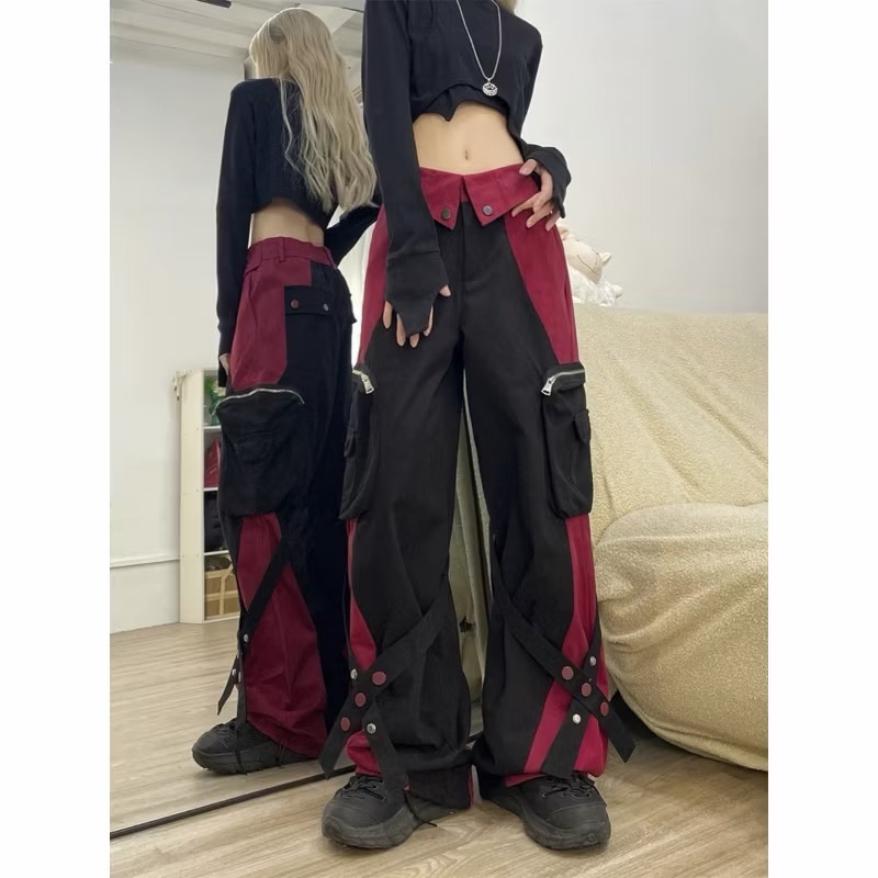 【Eternity】酷拉少女美式辣妹拼接y2k顯瘦設計感休閒褲交叉綁帶吊帶不規則直筒寬鬆多口袋工裝褲