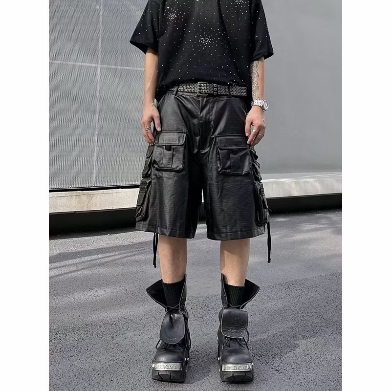 【Eternity】嘻哈美式街頭pu皮革短褲多口袋工裝五分褲 吊帶小眾七分褲