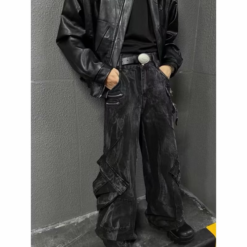 美式復古重工綁帶 多拉鏈多口袋牛仔褲 龐克亞比風 廢土風 落地褲 修身小眾設計感寬褲