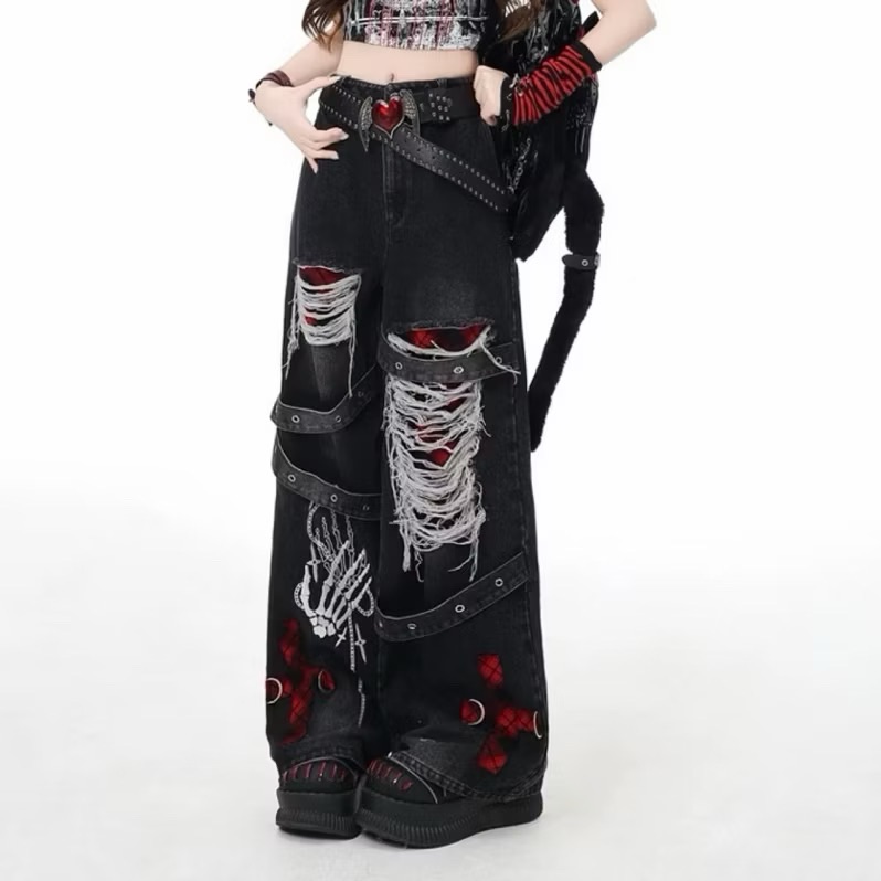 【Eternity】龐克暗黑美式獨特刷破吊帶牛仔褲 骷髏手拼色拼接撞色小眾龐克風 復古做舊水洗金屬環 假兩件寬褲 寬褲