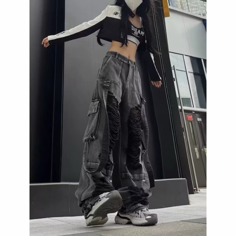 【Eternity】美式復古刷破破洞寬褲 黑色高腰垂感慵懶風街舞hiphop 寬鬆水洗褲子