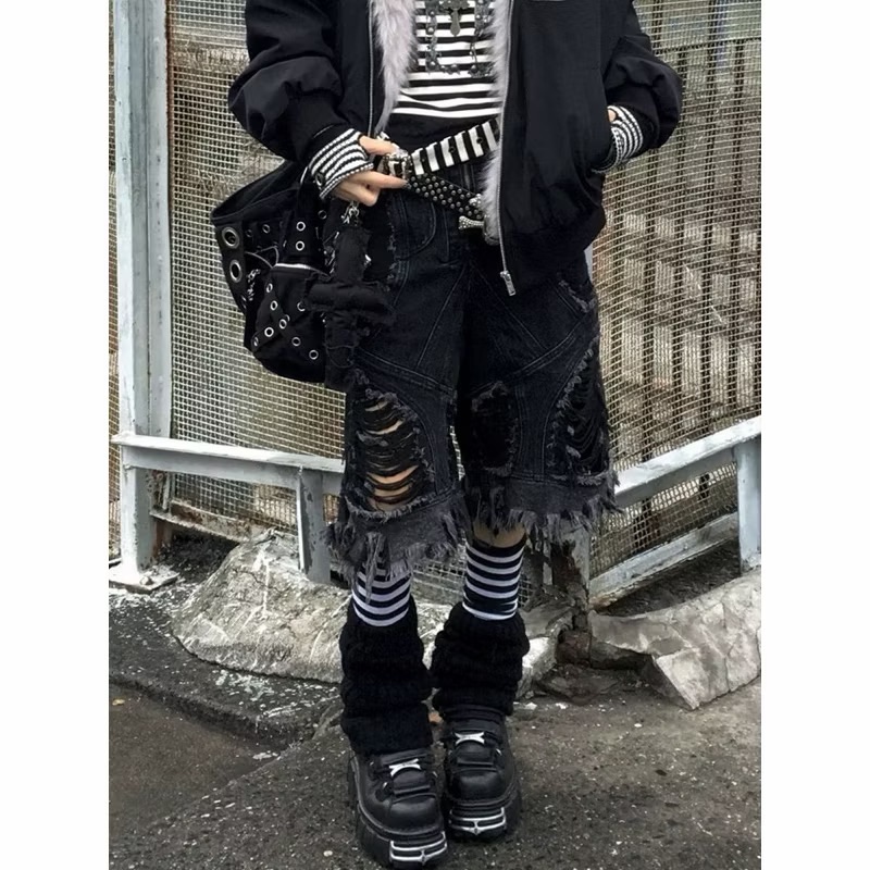 【Eternity】龐克不規則y2k拼接解構破洞刷破水洗牛仔短褲 流蘇亞比嘻哈五分直筒七分褲