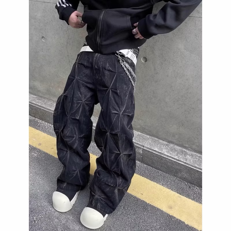 【Eternity】龐克風格美式小眾褶皺設計感直筒寬鬆牛仔褲 菱格不規則街頭百搭休閒寬褲