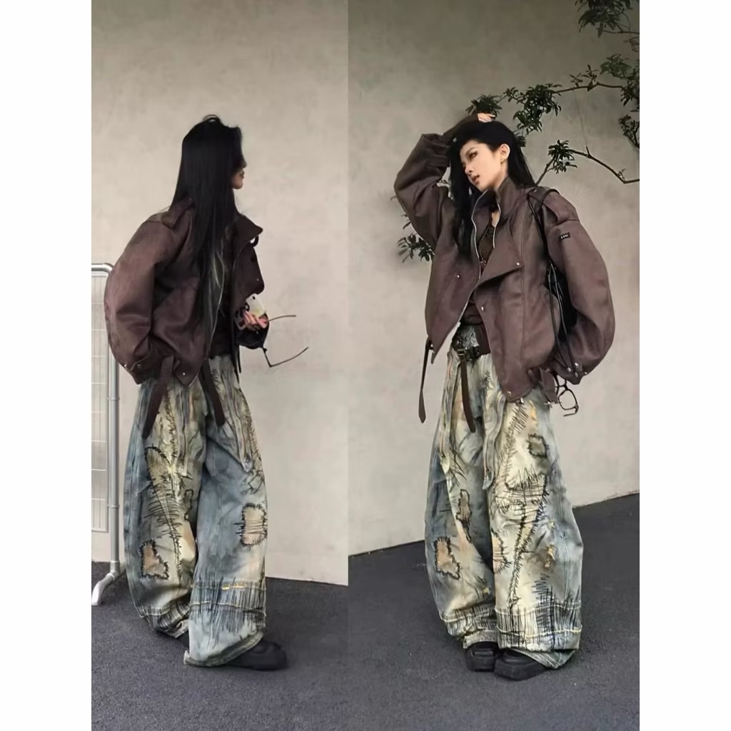 【Eternity】龐克嘻哈拼接破洞設計感彎刀牛仔褲 解構刷破刺繡廢土風做舊寬腿水洗長褲