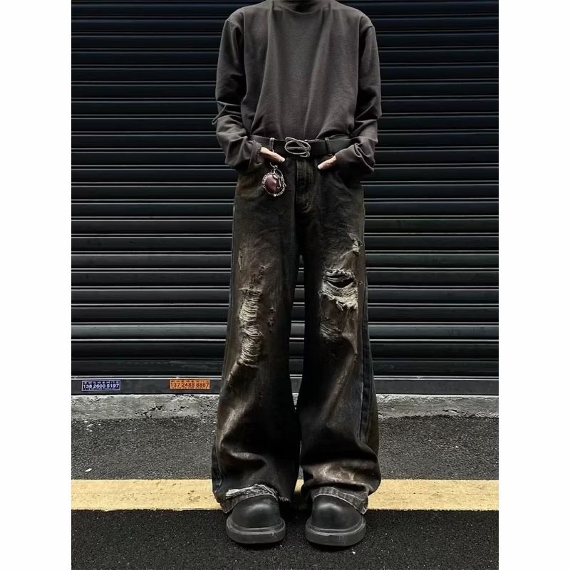 【Eternity】美式復古廢土風 做舊髒刷破洞牛仔褲 街頭嘻哈闊腿潮牌直筒褲子潮 寬褲