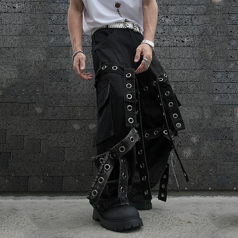 拼接金屬吊帶工裝牛仔褲