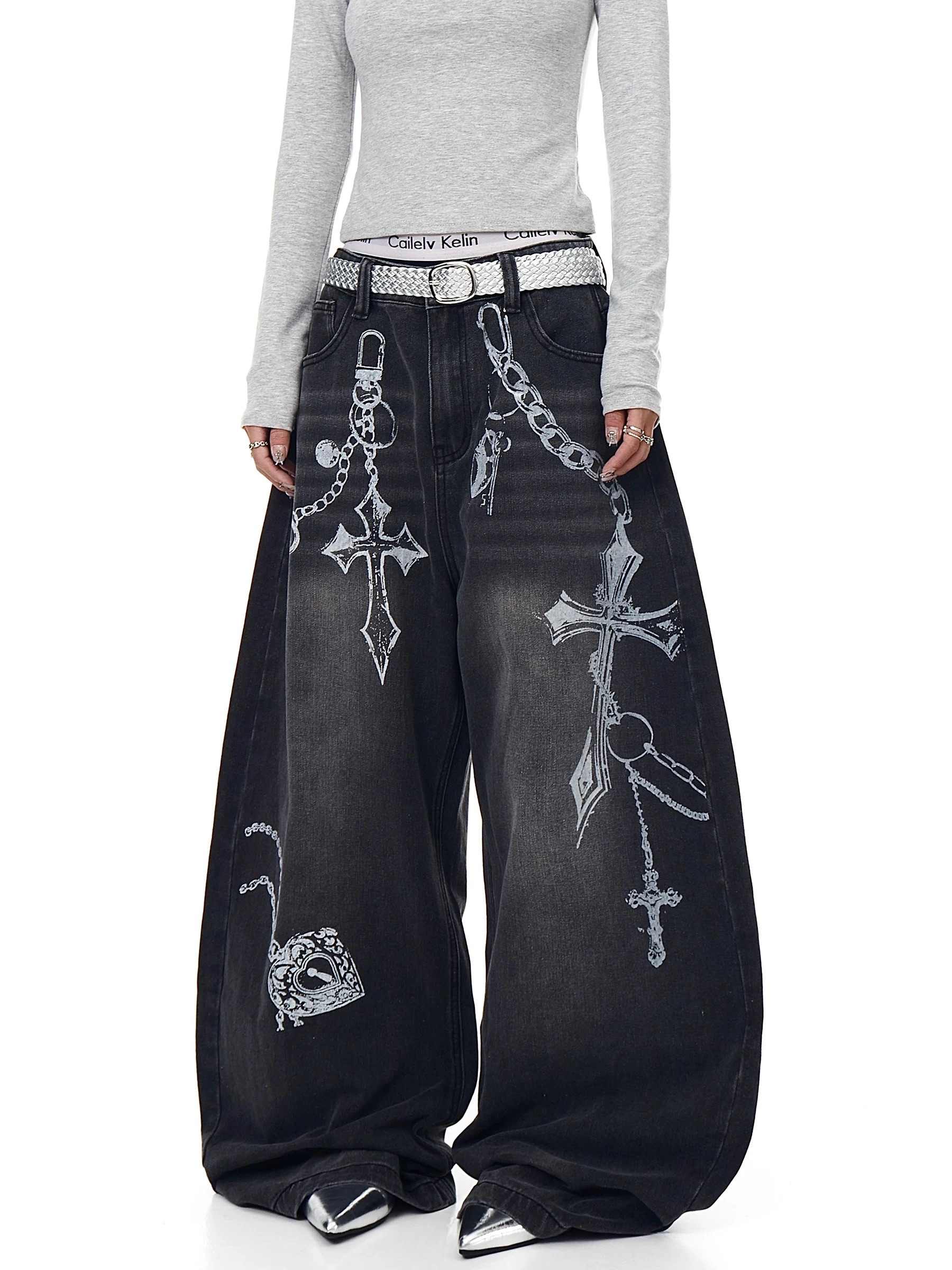 美式龐克復古hiphop街頭十字架印花 渲染噴漆水洗彎刀牛仔褲 潮牌寬鬆寬褲