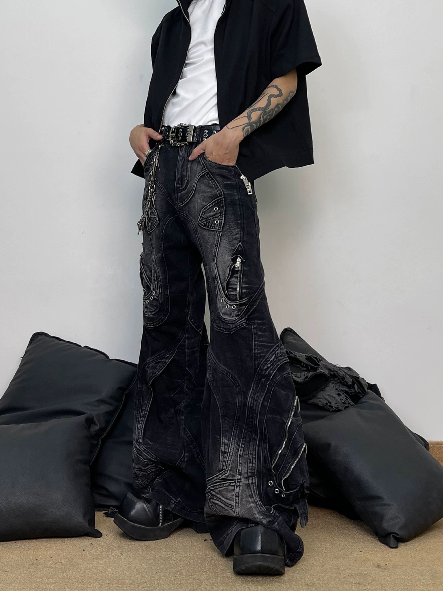 龐克美式復古 機械解構街頭重工輪廓拼接微喇牛仔褲 設計感多層寬鬆闊腳廢土風長褲子