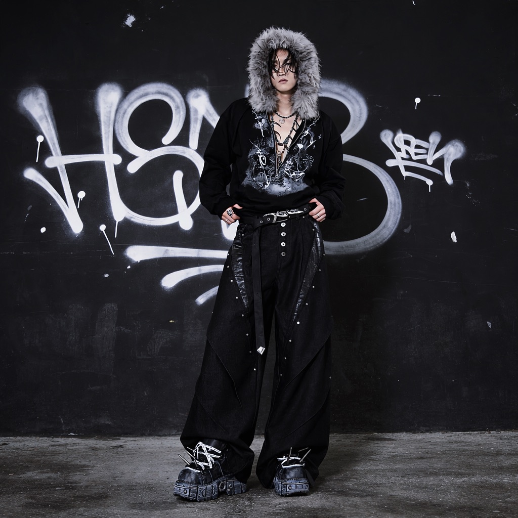 朋克美式蛇紋解構鉚釘拼皮 排扣彎刀牛仔褲