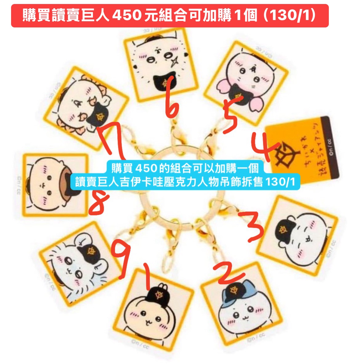 🔹 購買 讀賣巨人吉伊卡哇徽章450 元組合者 ，可加購壓克力吊飾一個（130/1）