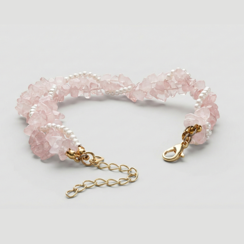 【Apsara】編織愛情｜天然粉晶碎石手鍊 極細珍珠 原礦設計 閨蜜禮物 （現貨/手作飾品）