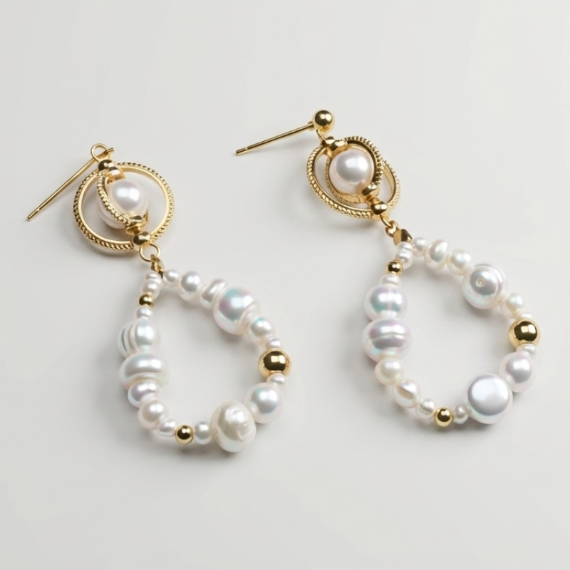 【Apsara】靈魂的脈動｜天然淡水珍珠耳環 14K包金 串珠垂墜 氣質百搭