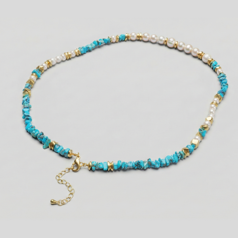 【Apsara】靈魂的守護者｜天然松石原礦 淡水珍珠項鍊 民族風串珠 鎖骨鍊