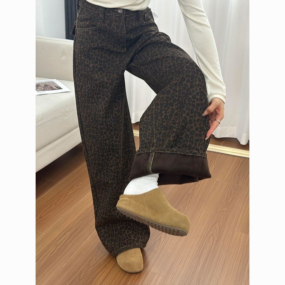美式復古豹紋加絨直筒長褲୨୧ ̊。