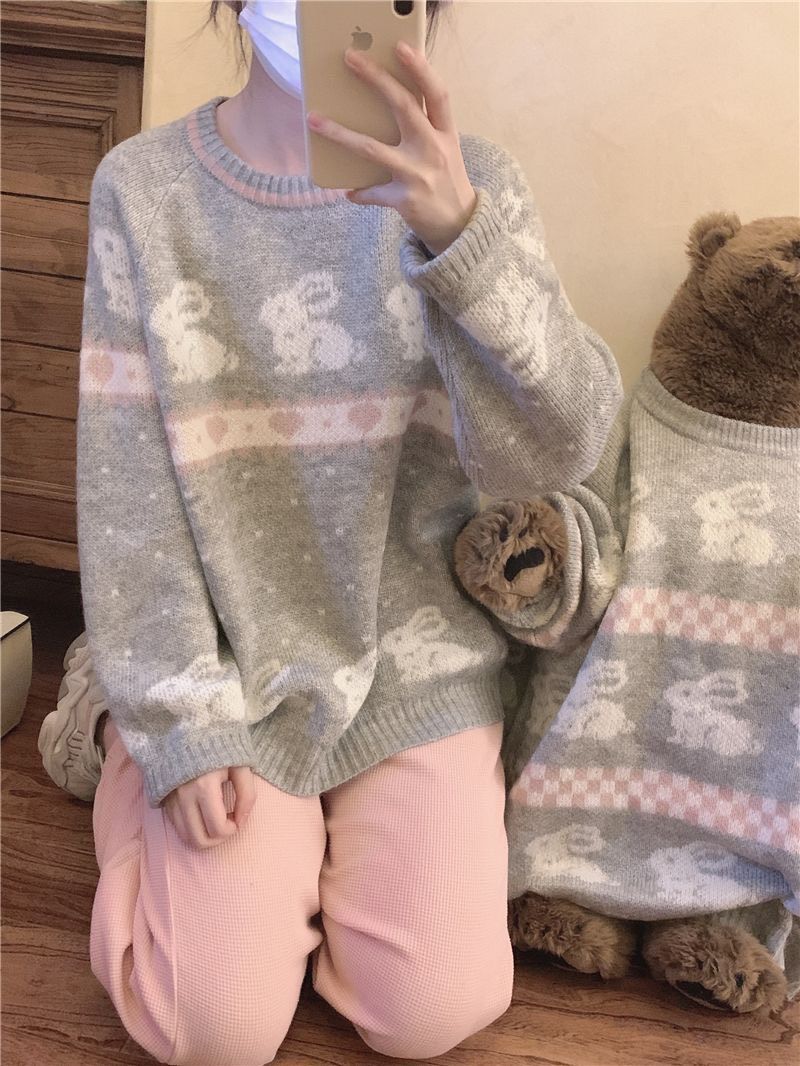 甜美灰色緹花兔兔針織毛衣୨୧ ̊。