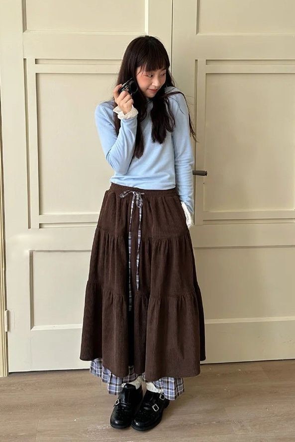 法式拼接燈芯絨長裙୨୧ ̊。兩色