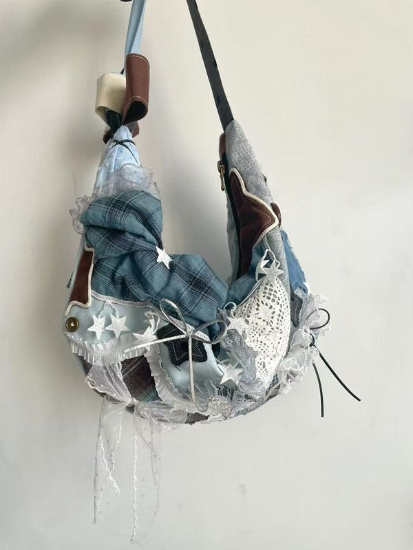 藍色星星蝴蝶結蕾絲拼接托特包୨୧ ̊。