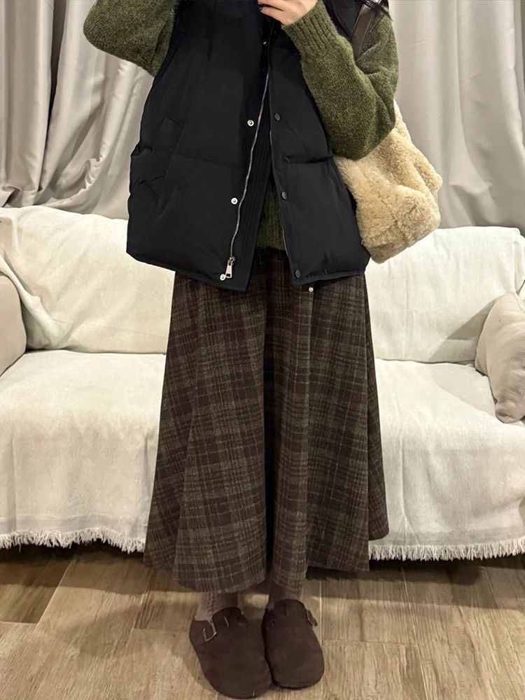 秋冬必入-棕色格紋顯瘦長裙୨୧ ̊。