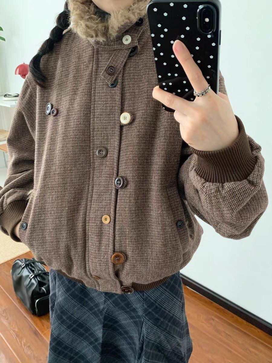 淺棕色繽紛鈕扣毛毛領保暖棉服୨୧ ̊