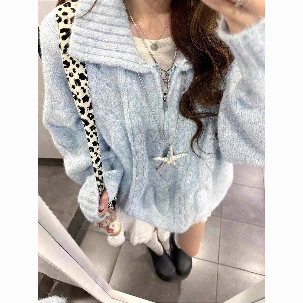 湖水藍麻花翻領針織毛衣୨୧ ̊