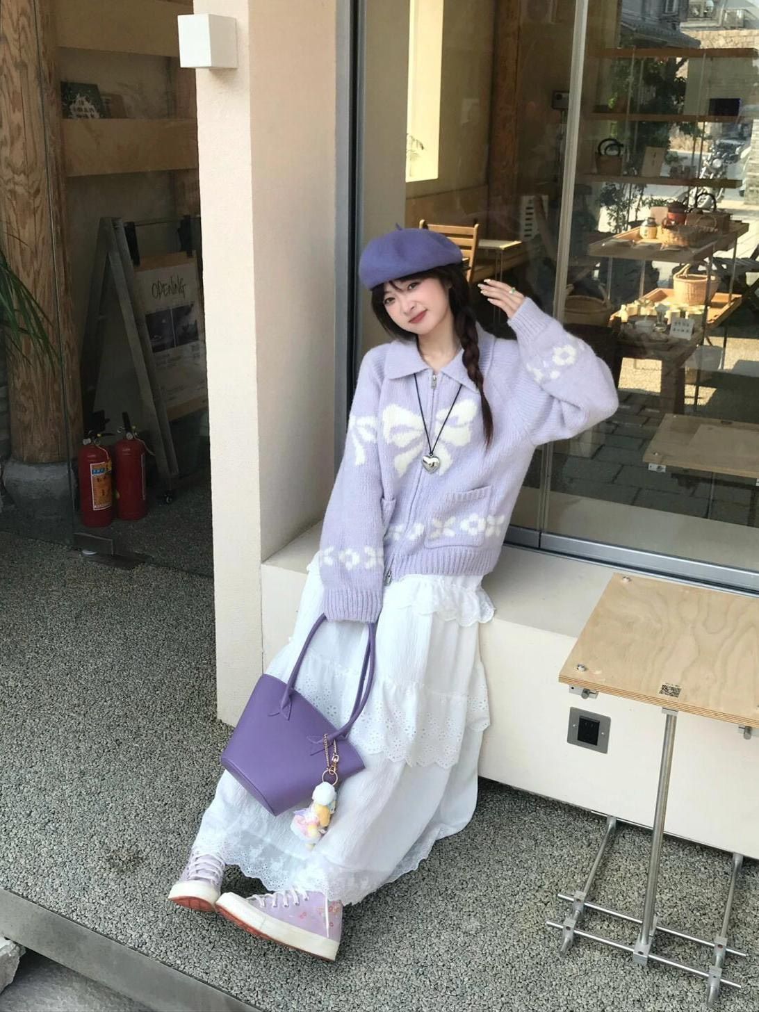 奶呼呼蝴蝶結香芋紫針織毛衣୨୧ ̊。