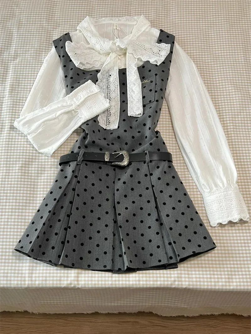 韓系波點蕾絲蝴蝶結襯衫連衣裙套裝୨୧ ̊。