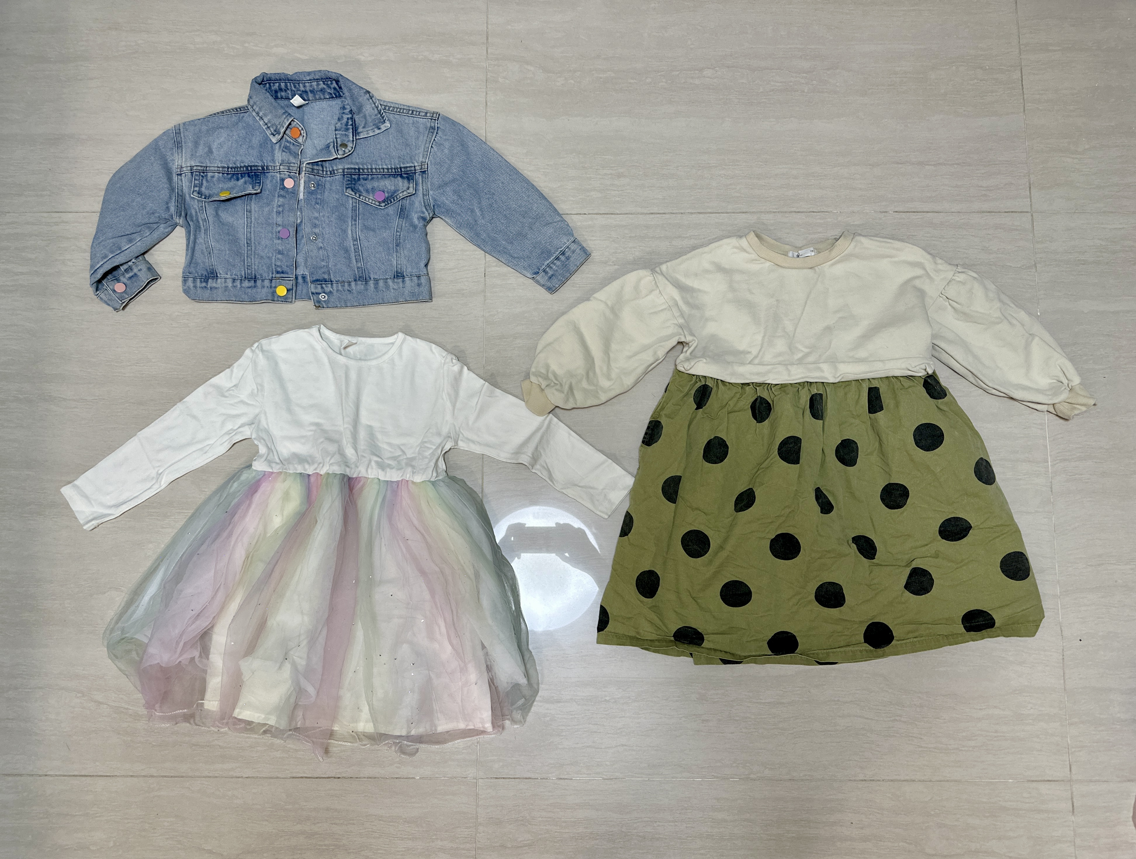 繽紛牛仔短版外套+彩虹裙套裝抹茶水玉點點連身裙