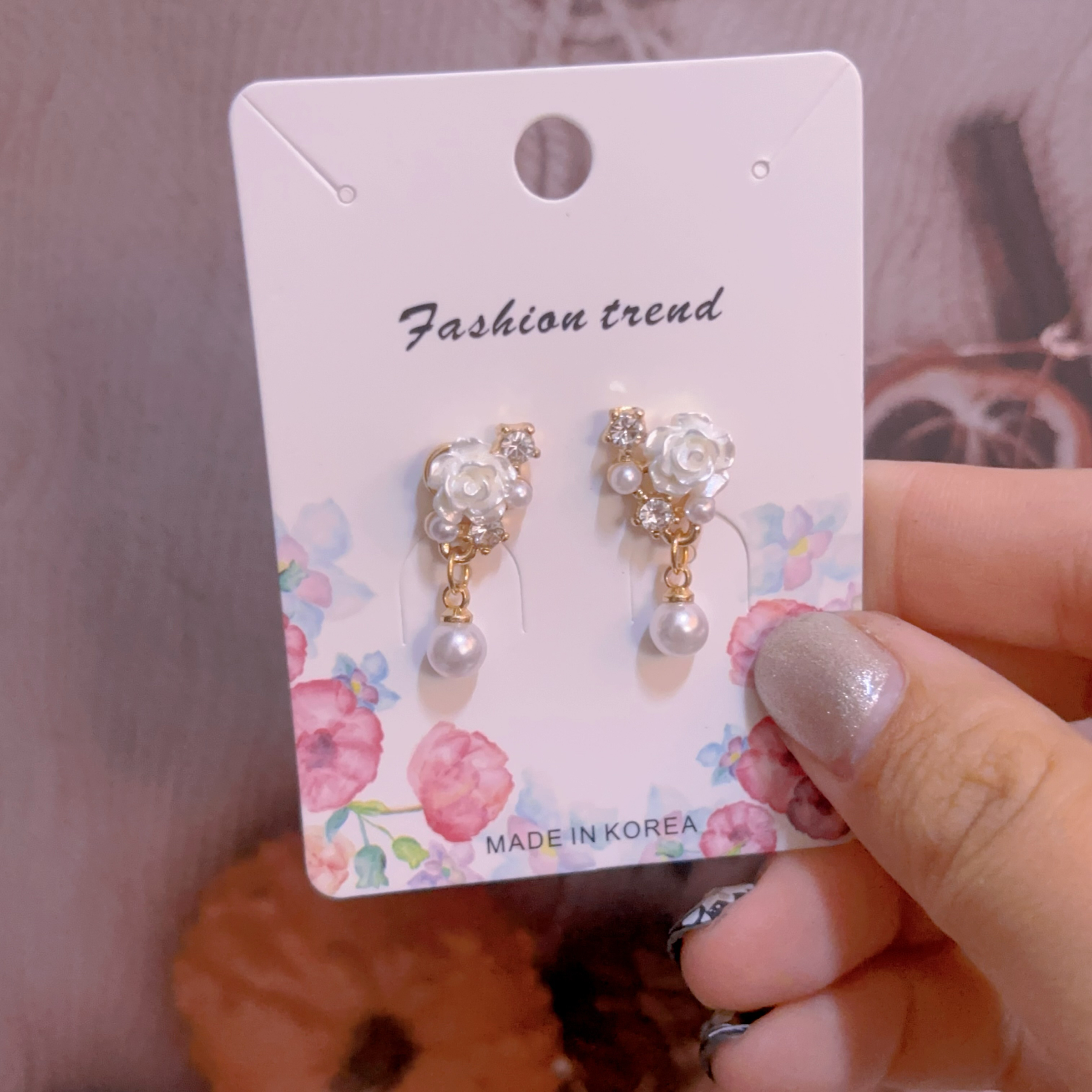 玫瑰花銀針耳環