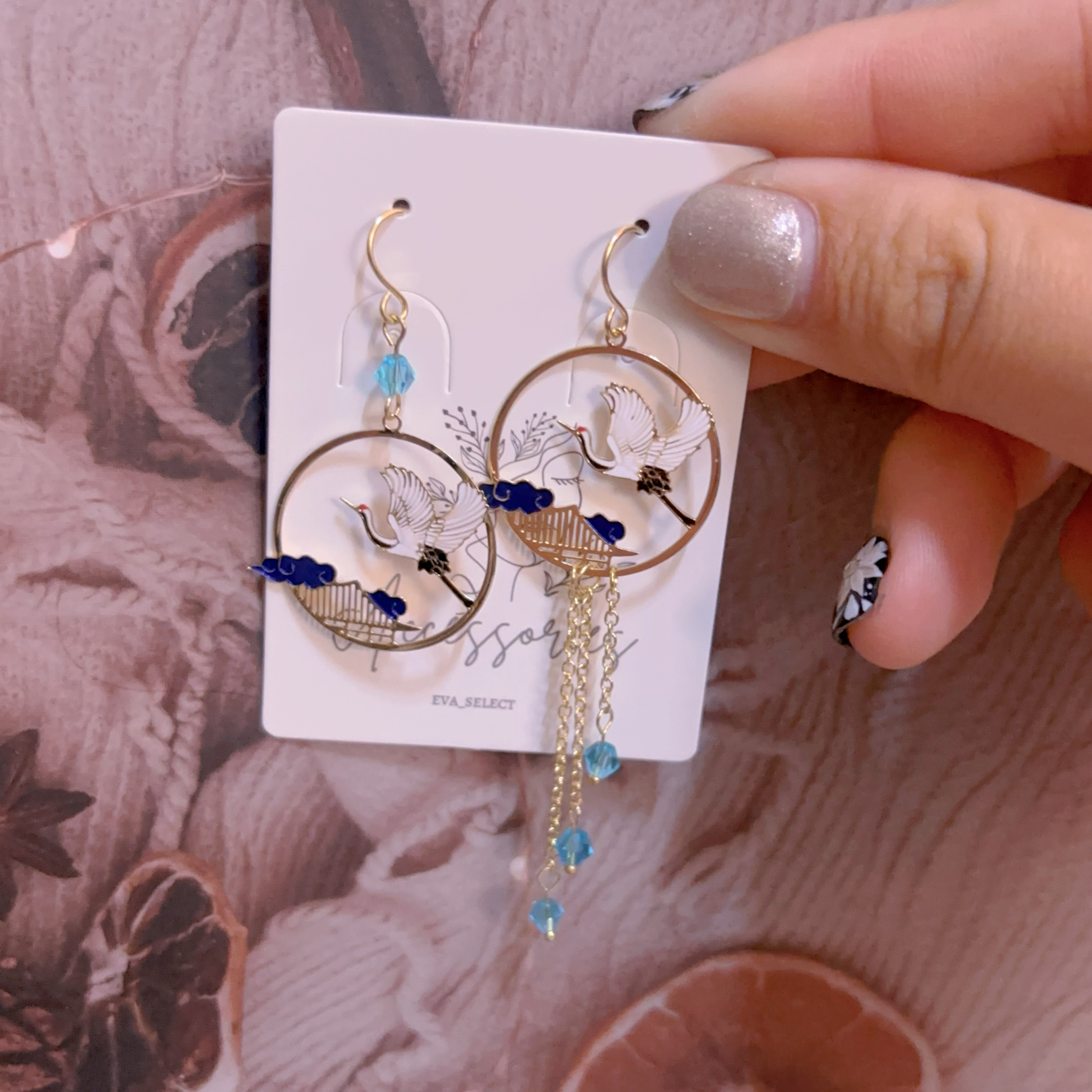 中國風不對稱仙鶴耳環