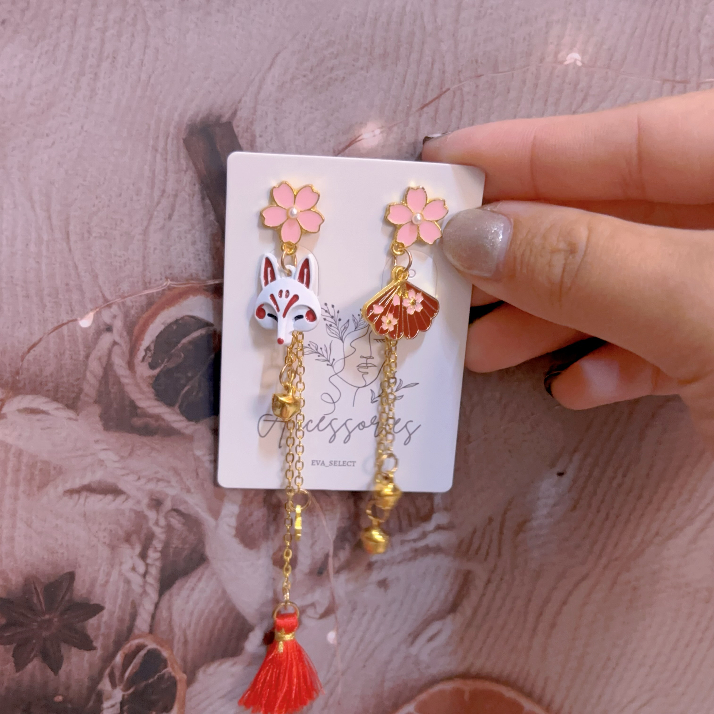 櫻花狐狸不對稱面具耳環