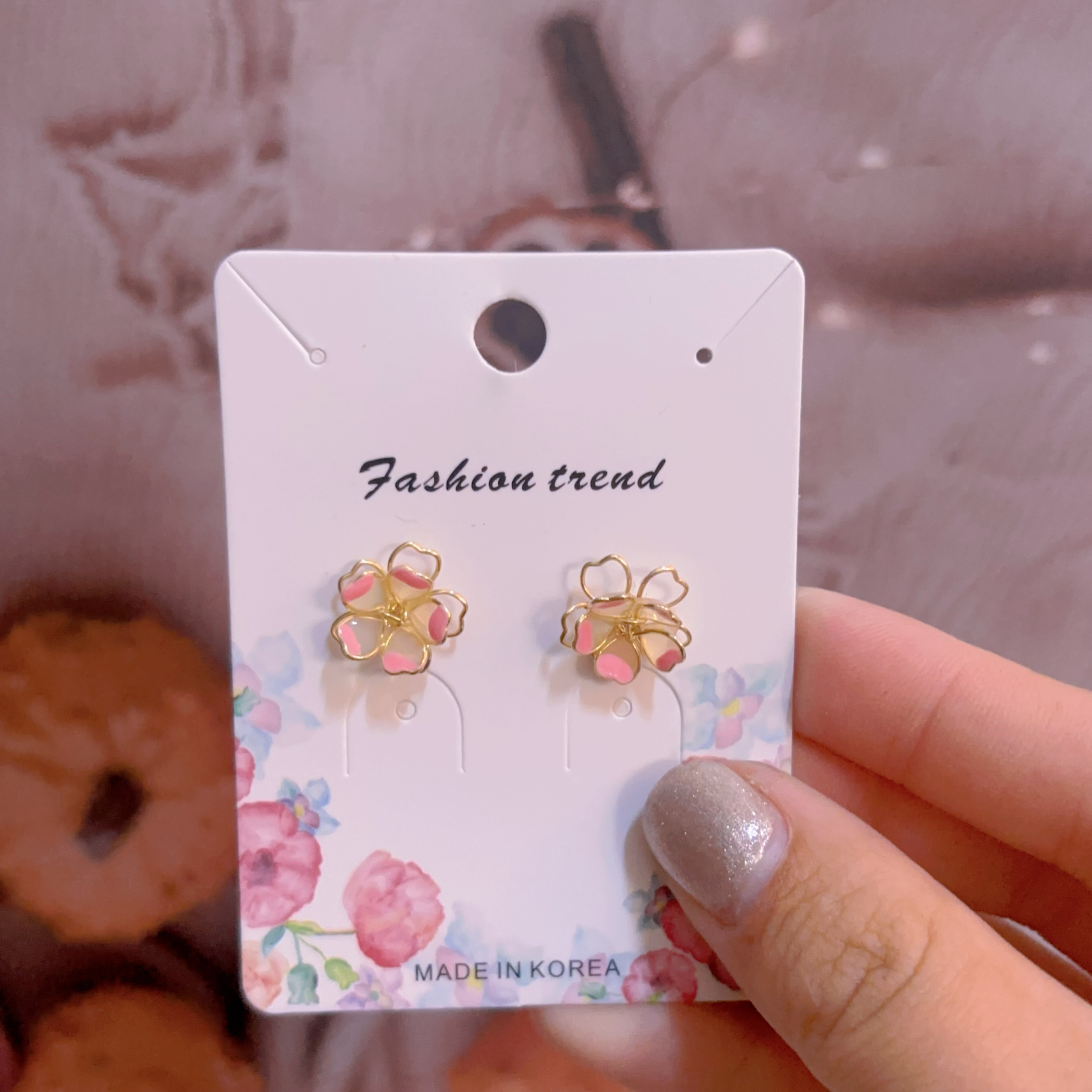 粉色小花貼耳耳環