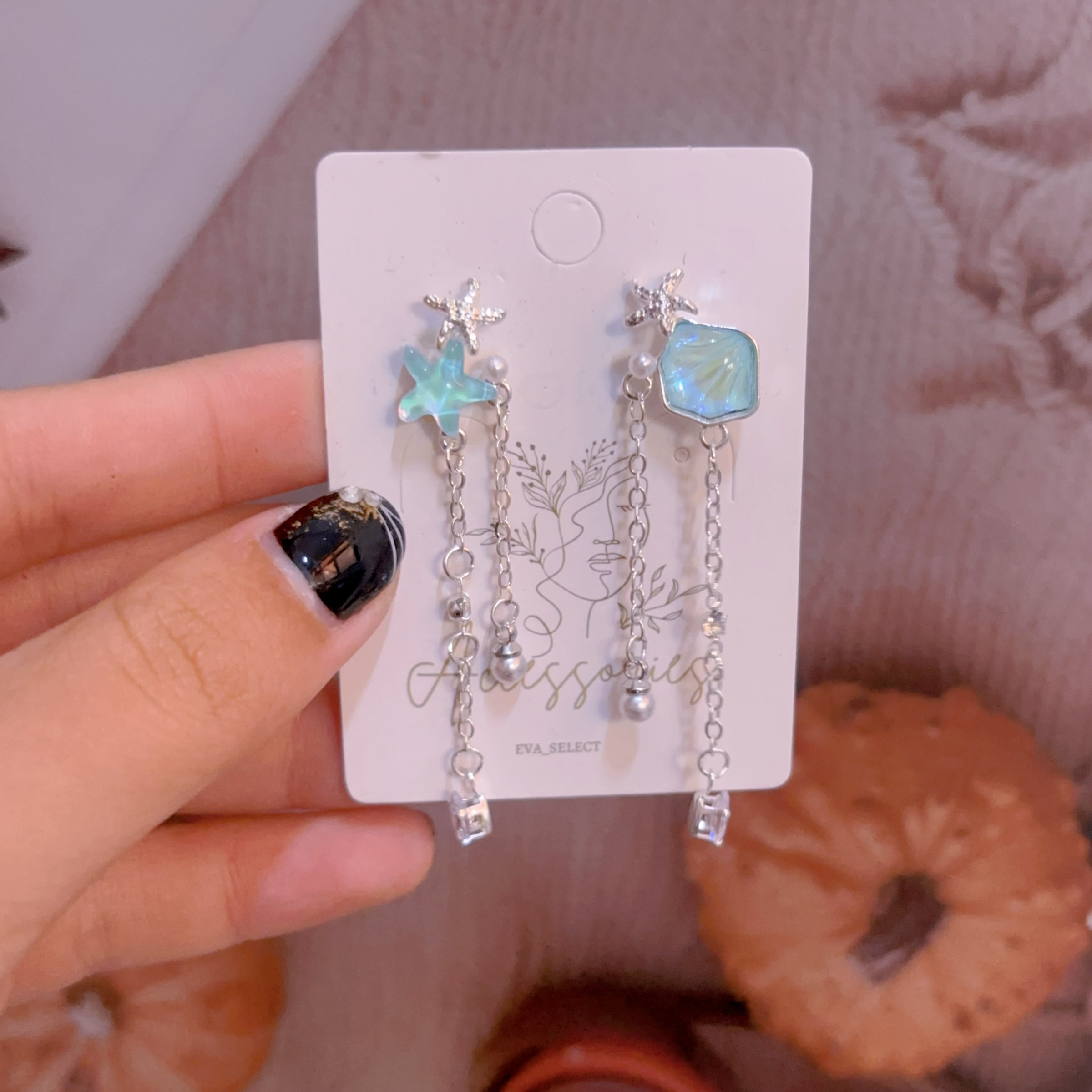 海藍海星貝殼流蘇耳環