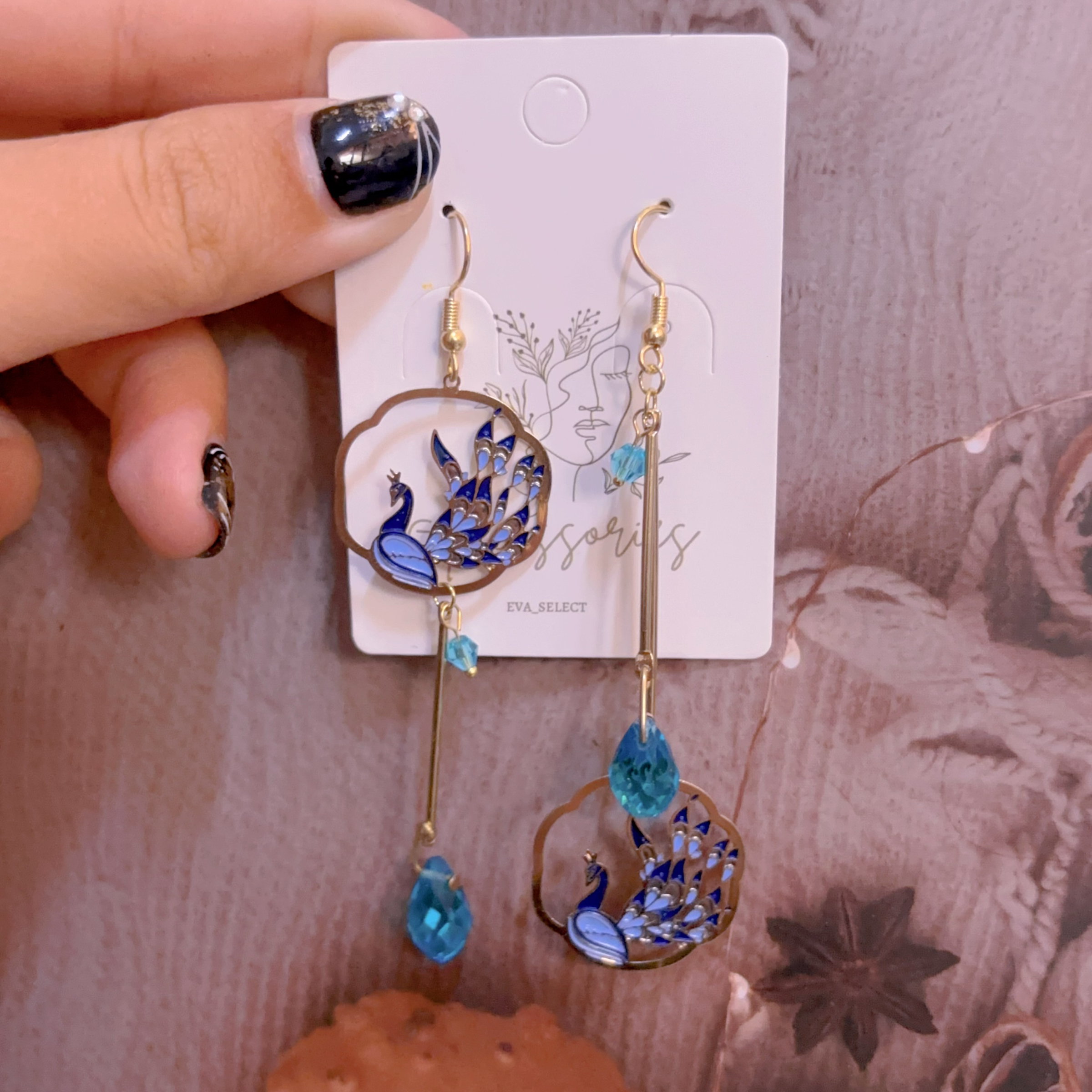 中國風不對稱孔雀耳環