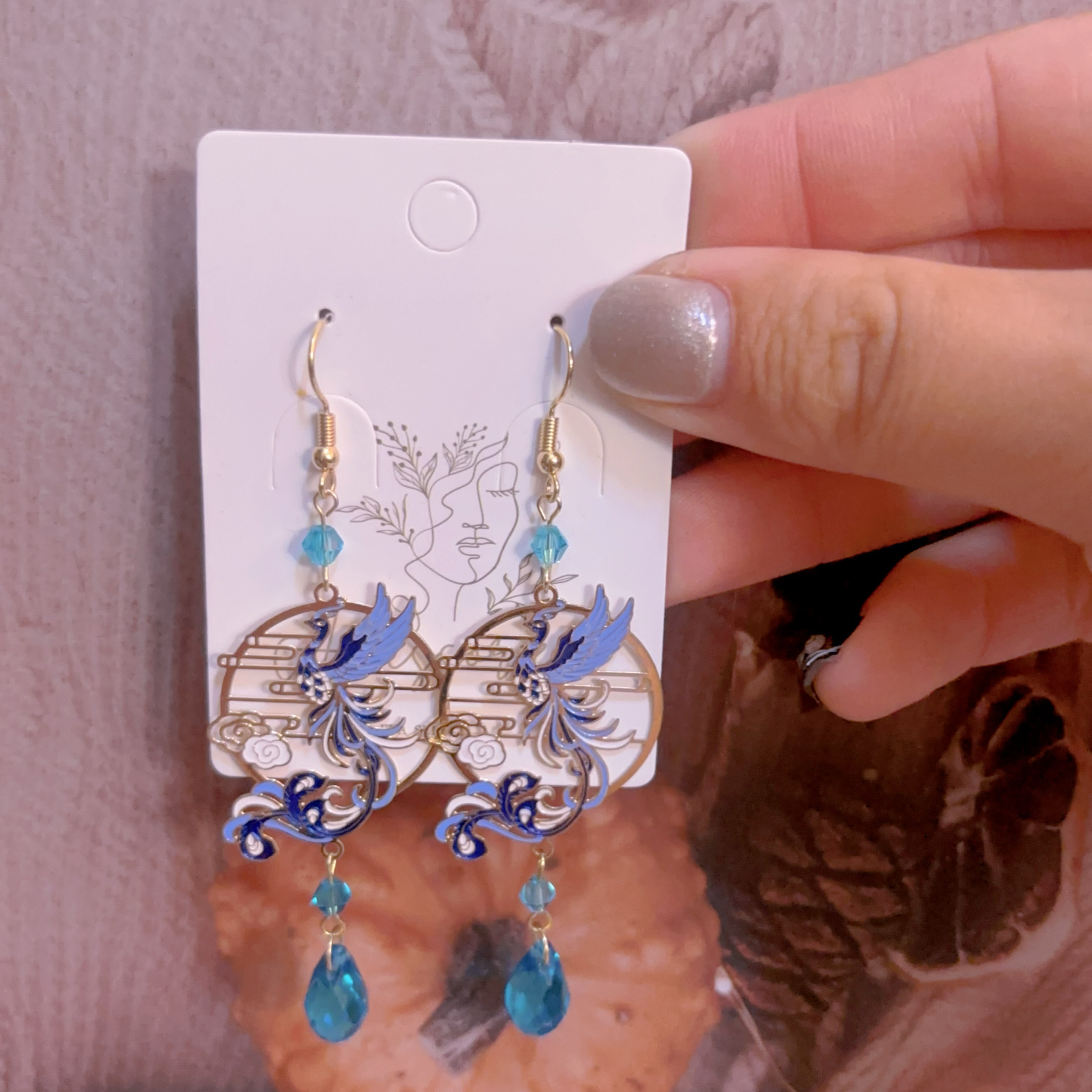 新中式藍色鳳凰耳環