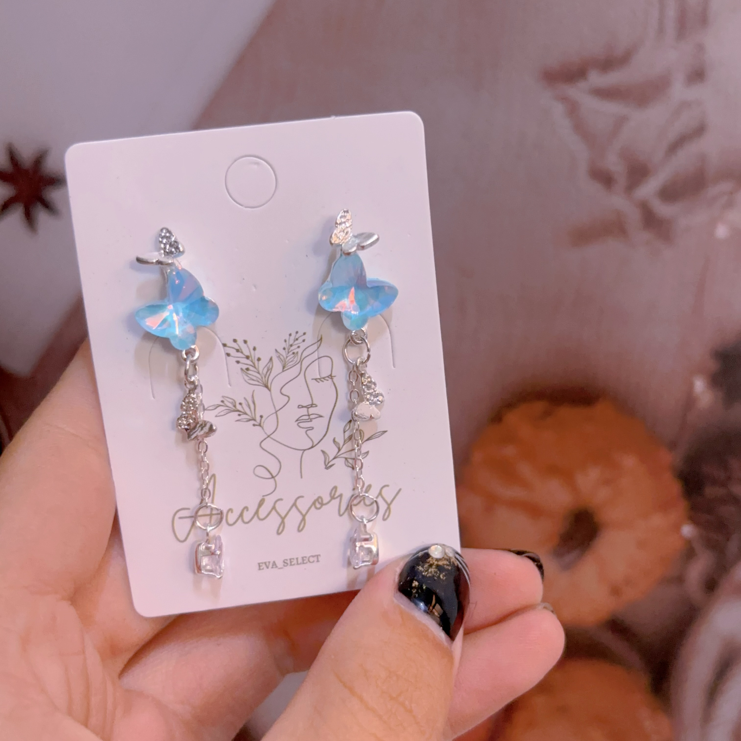 水藍蝴蝶流蘇耳環