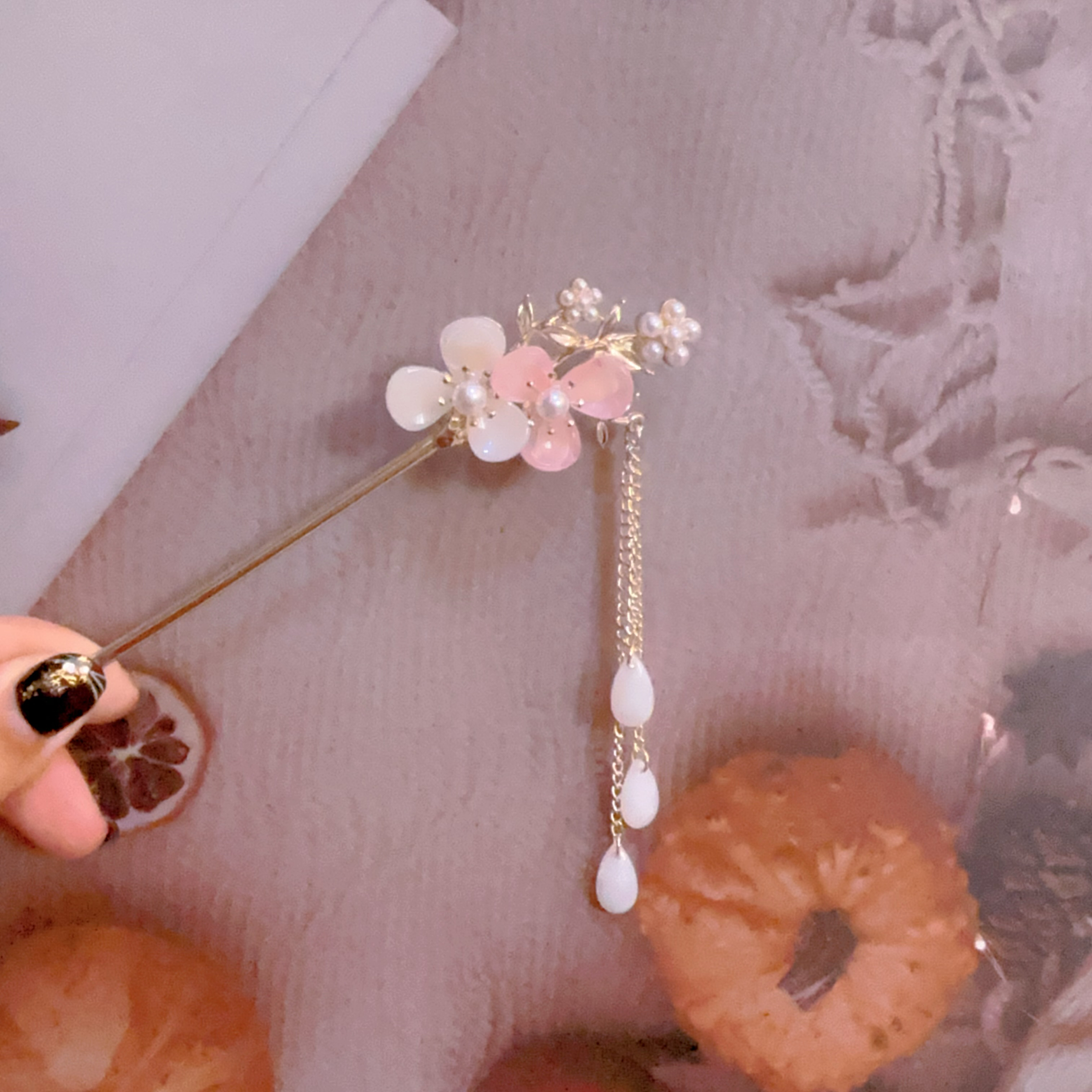 髮簪-粉白桃花