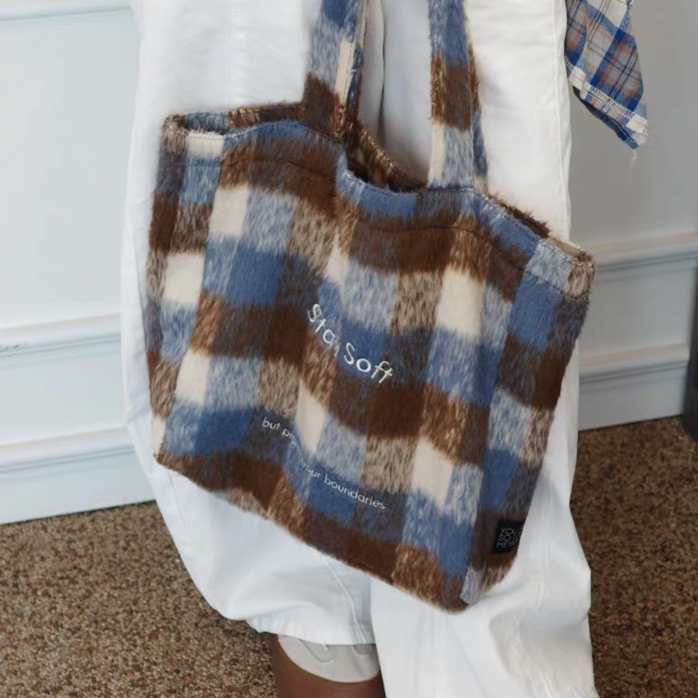 復古格紋毛呢單肩包