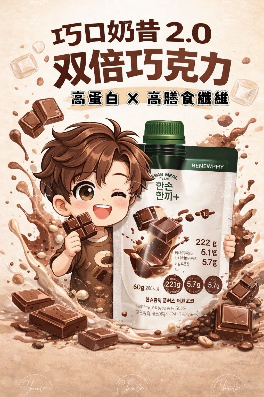 RENEWPHY 巧口奶昔 2.0｜雙倍巧克力口味｜高蛋白 × 高膳食纖維｜即沖即飲