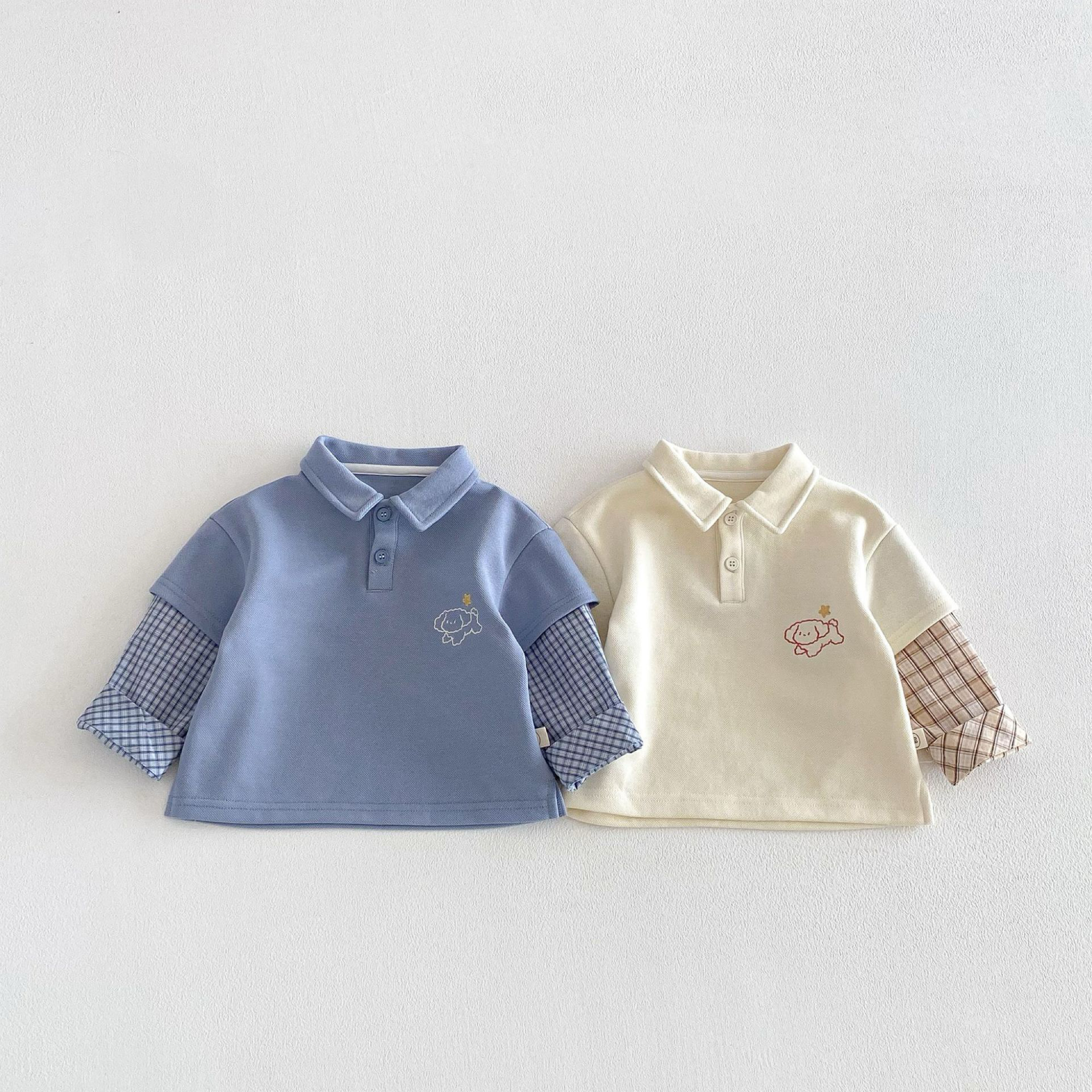 男童假兩件刺繡小狗長袖上衣 polo衫 