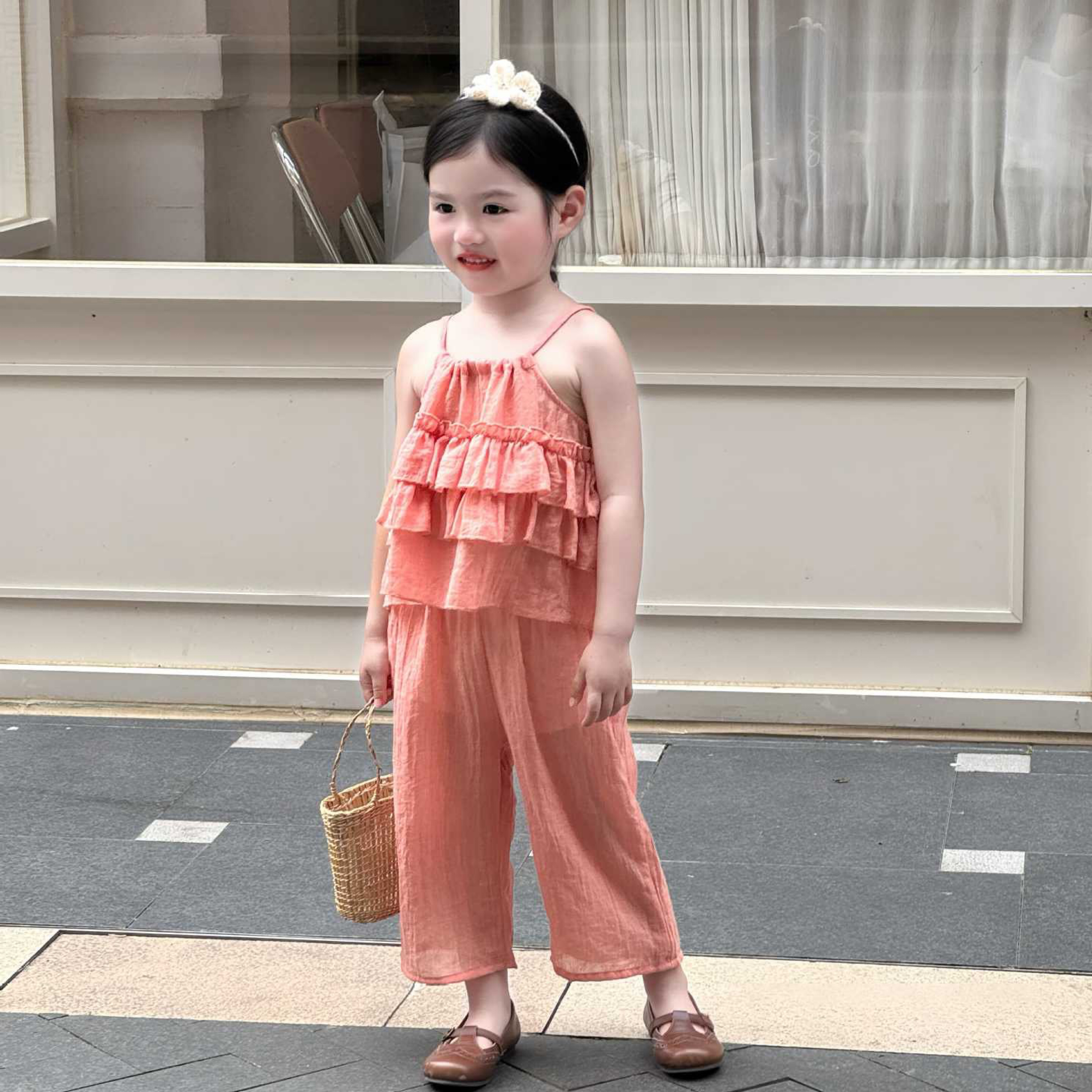 女童韓版吊帶薄款無袖長褲兩件套裝（微透膚） 