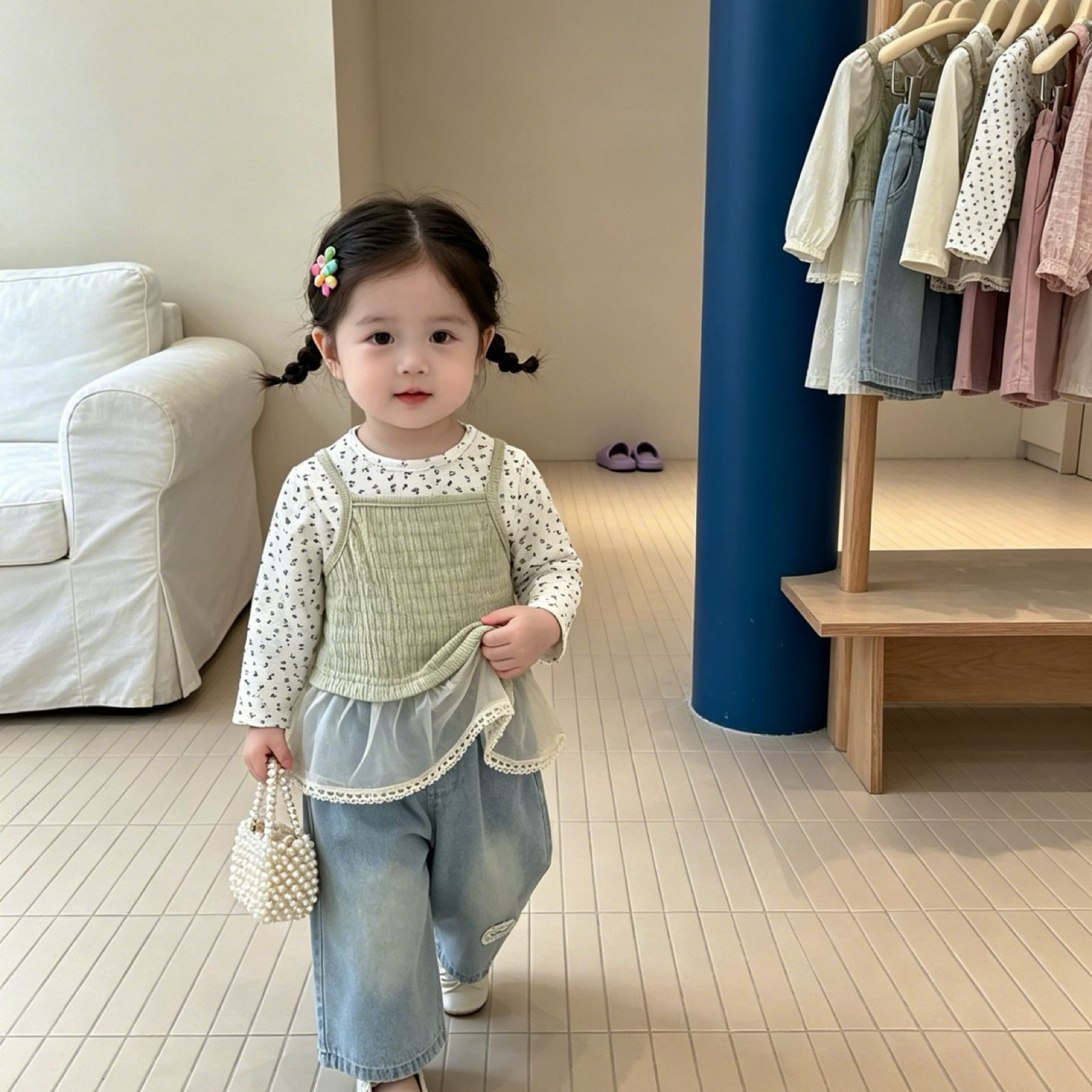 女童韓系網紗吊帶背心圓點長袖上衣牛仔長褲三件式套裝 