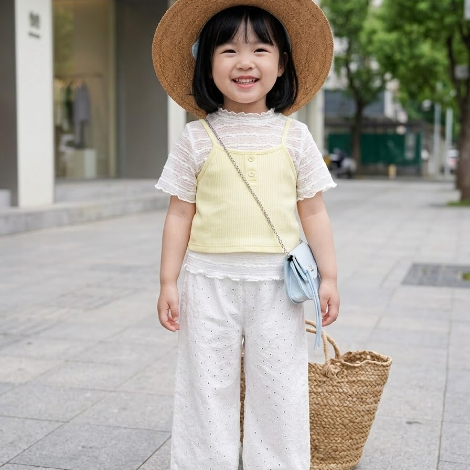 女童韓系甜美短袖上衣黃色背心白色褲子三件式套裝