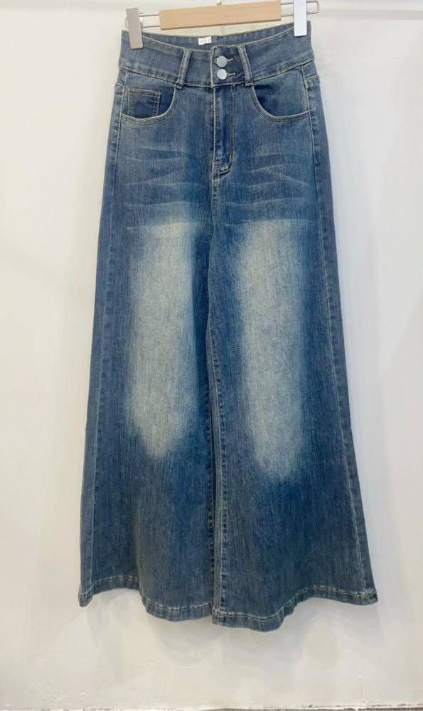 高腰刷色牛仔寬褲