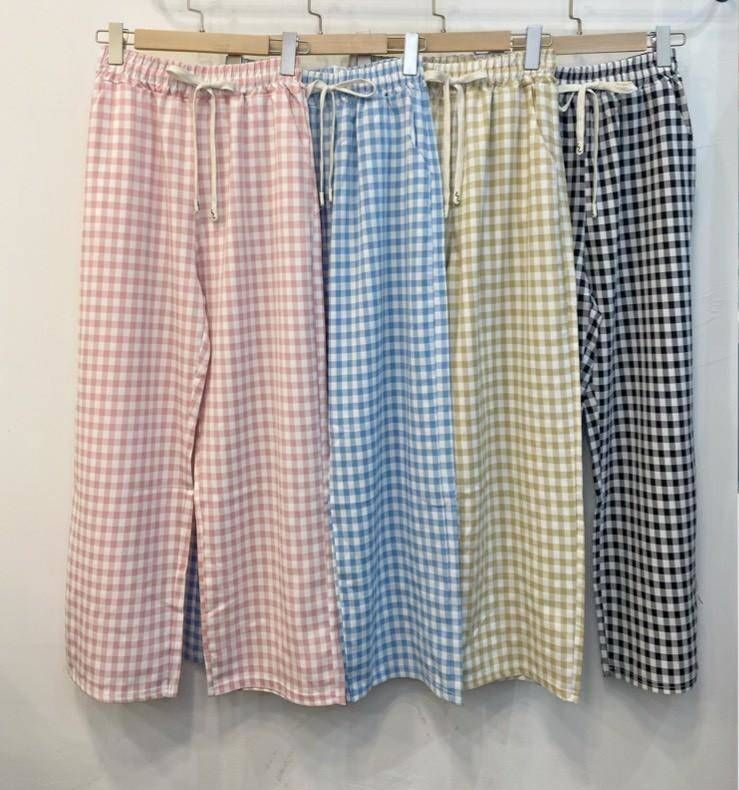 高腰休閒格子闊腿褲